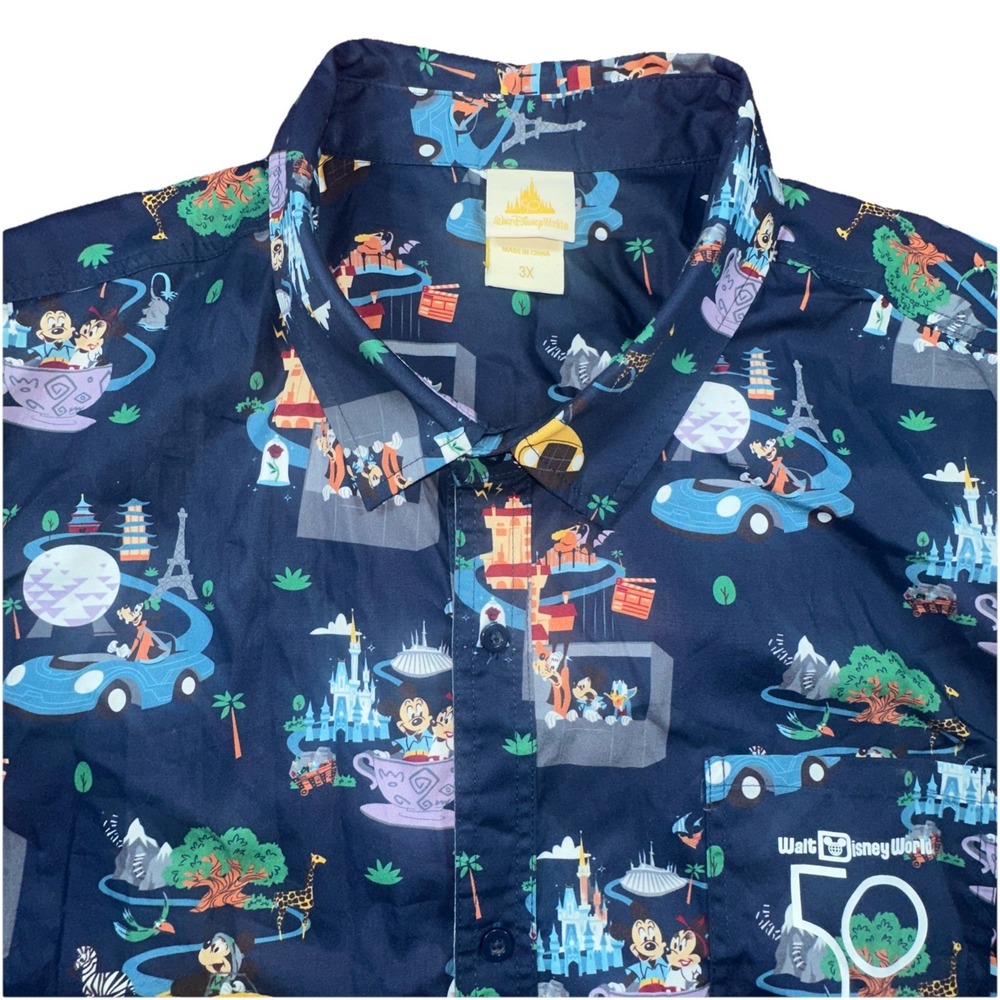 Disney Shirt Mens 3XL Blue Disney World 50th Anniversary AOP Button Up Shirt
